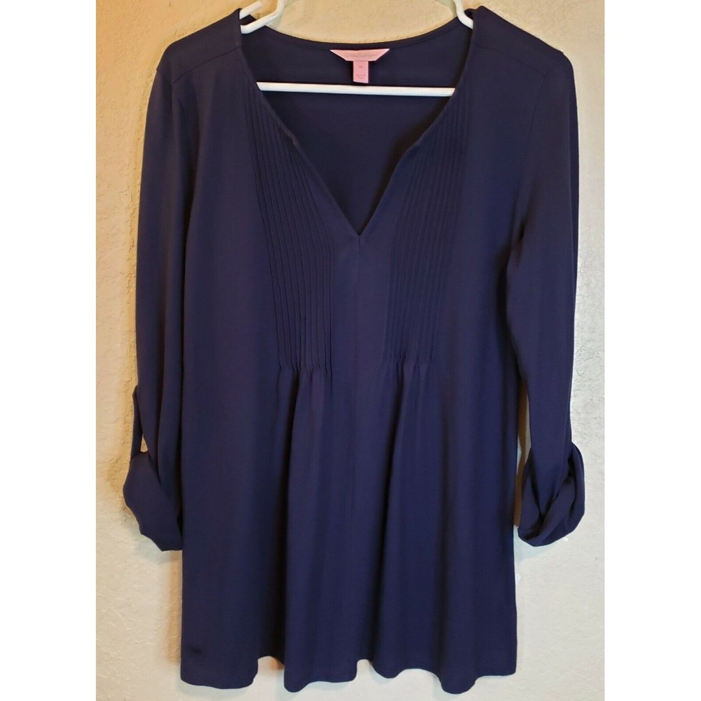 Lilly Pulitzer Braylen Tab Sleeve Tunic Navy Pleated Top, Size Medium - Picture 2 of 9